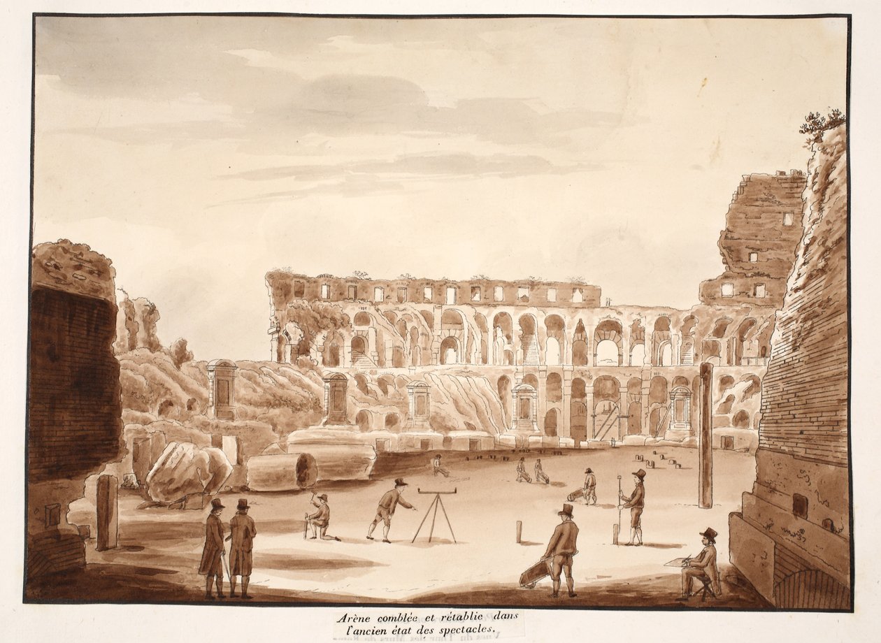 Colosseumin areena täytettynä ja entisöitynä, 1833 (etsaus ja ruskea pesu). tekijältä Agostino Tofanelli