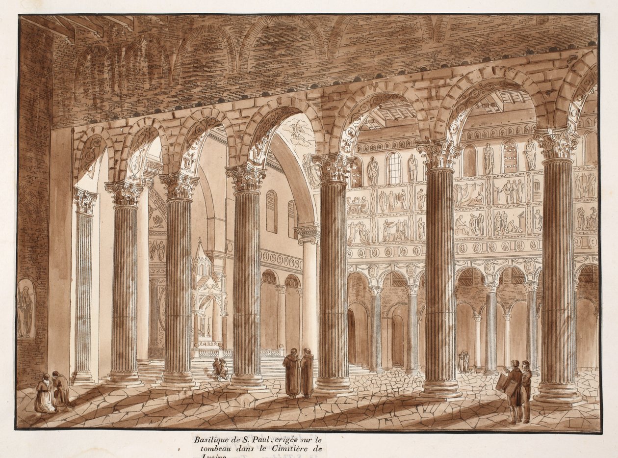 Pyhän Paavalin basilika, rakennettu haudalle Lucinan hautausmaalle, 1833 (etsaus ruskealla pesulla) tekijältä Agostino Tofanelli
