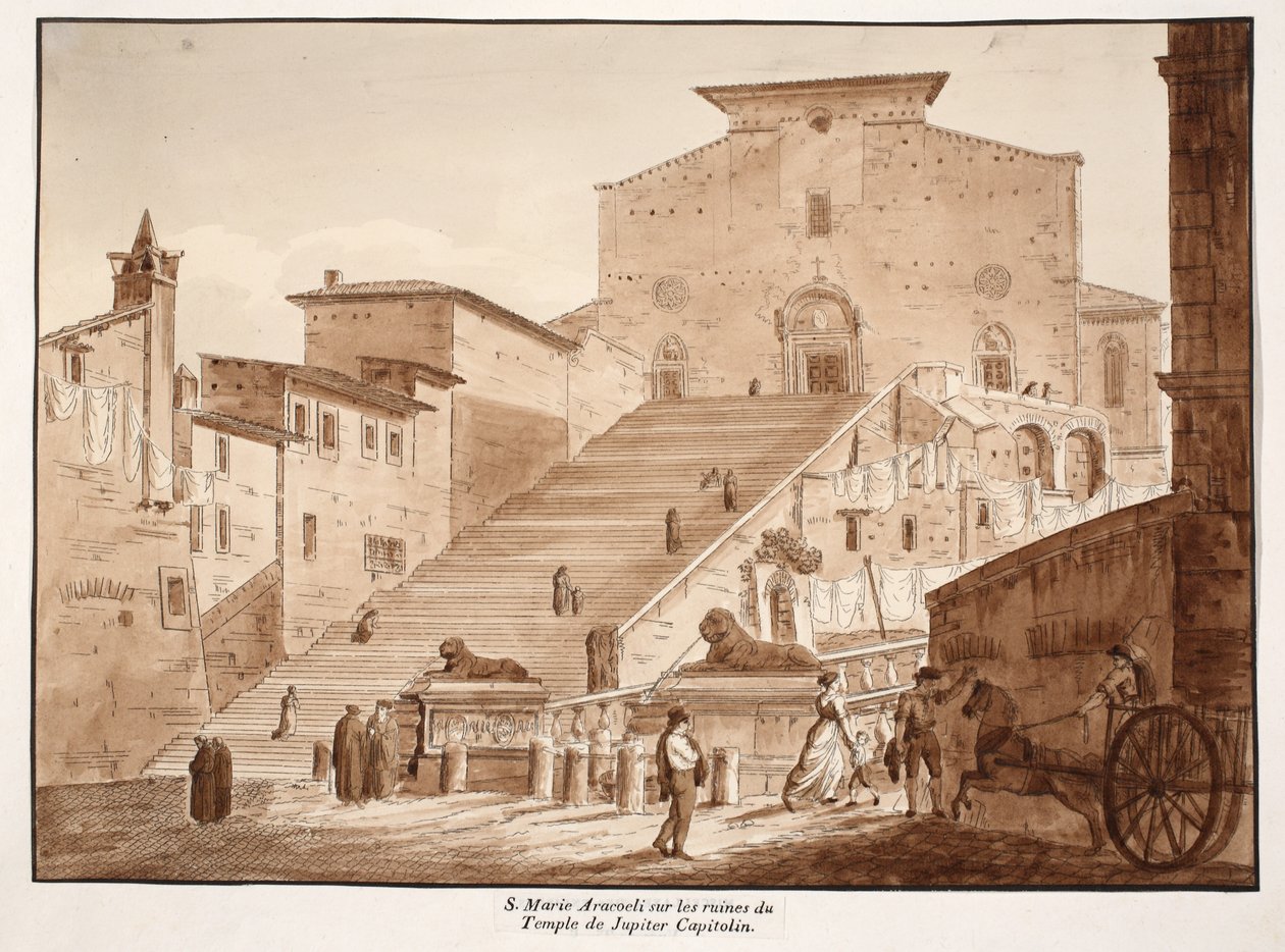 Santa Marian kirkko Aracoelissa Jupiterin Capitoline-temppelin raunioilla, 1833 (etsaus ruskealla pesulla) tekijältä Agostino Tofanelli