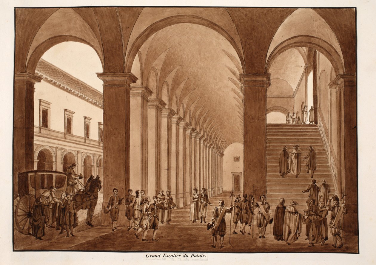 Palazzo del Quirinalen pääportaat, 1833 (etsaus ruskealla pesulla) tekijältä Agostino Tofanelli