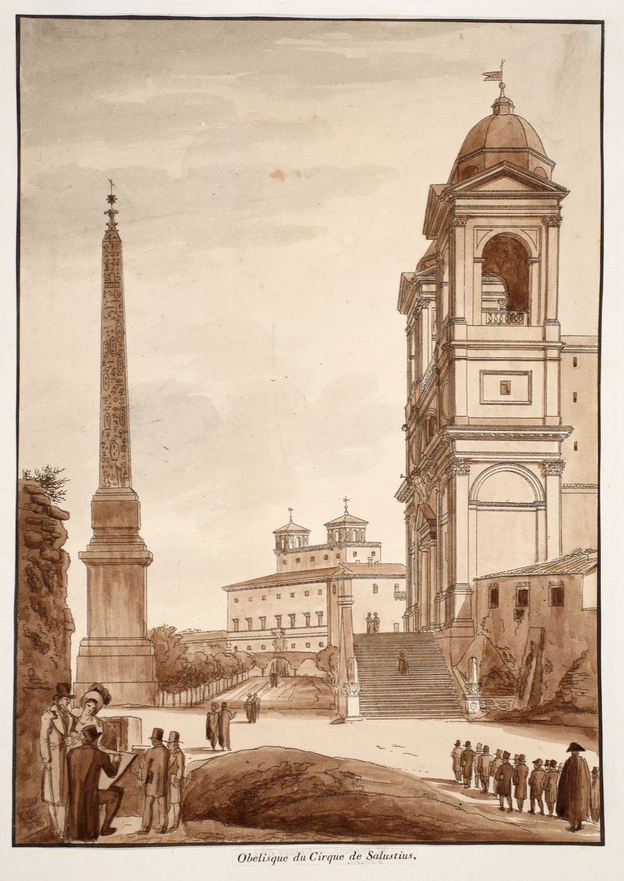 Obeliski Sallustiuksen sirkuksesta, 1833 (etsaus ruskealla pesulla) tekijältä Agostino Tofanelli