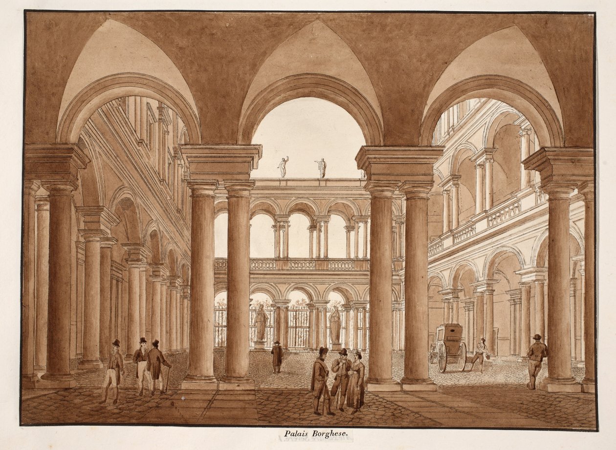 Palazzo Borghese, 1833 (etsaus ruskealla pesulla) tekijältä Agostino Tofanelli