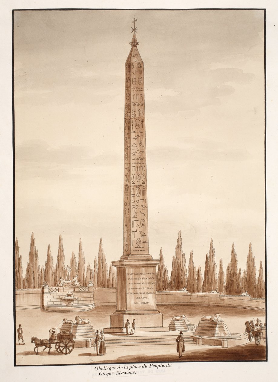 Piazza del Popolo -obeliski, Circus Maximuksesta, 1833 (etsaus ruskealla pesulla) tekijältä Agostino Tofanelli