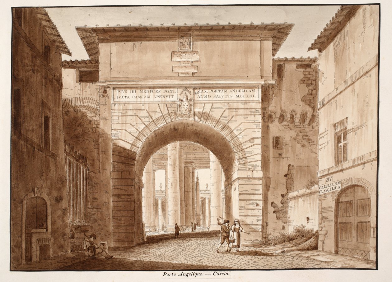 Porta Angelica - Cassia, 1833 (etsaus ruskealla pesulla) tekijältä Agostino Tofanelli