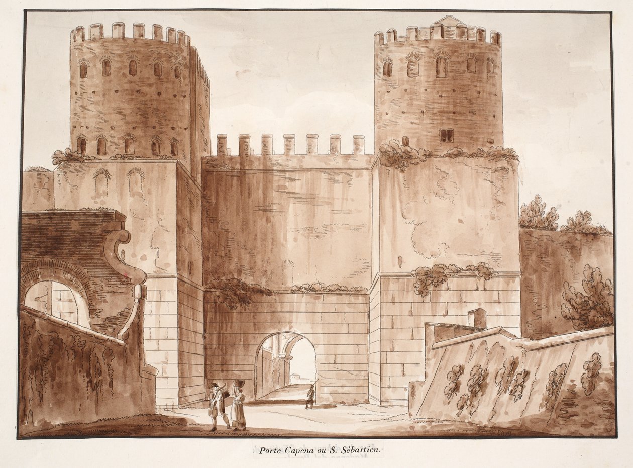 Porta Capena tai Porta San Sebastiano, 1833 (etsaus ja ruskea pesu) tekijältä Agostino Tofanelli
