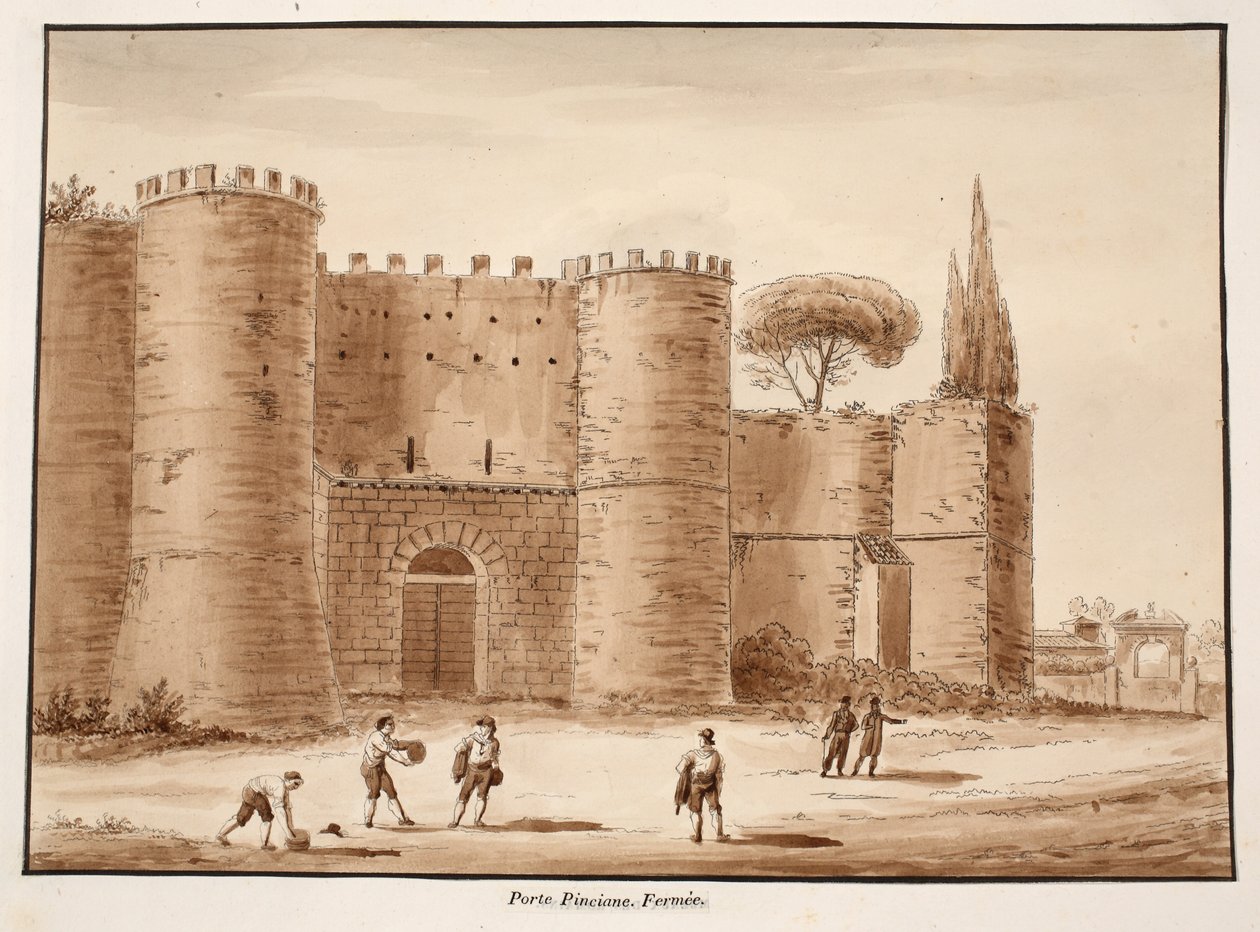 Porta Pinciana, suljettu, 1833 (etsaus ruskealla pesulla) tekijältä Agostino Tofanelli