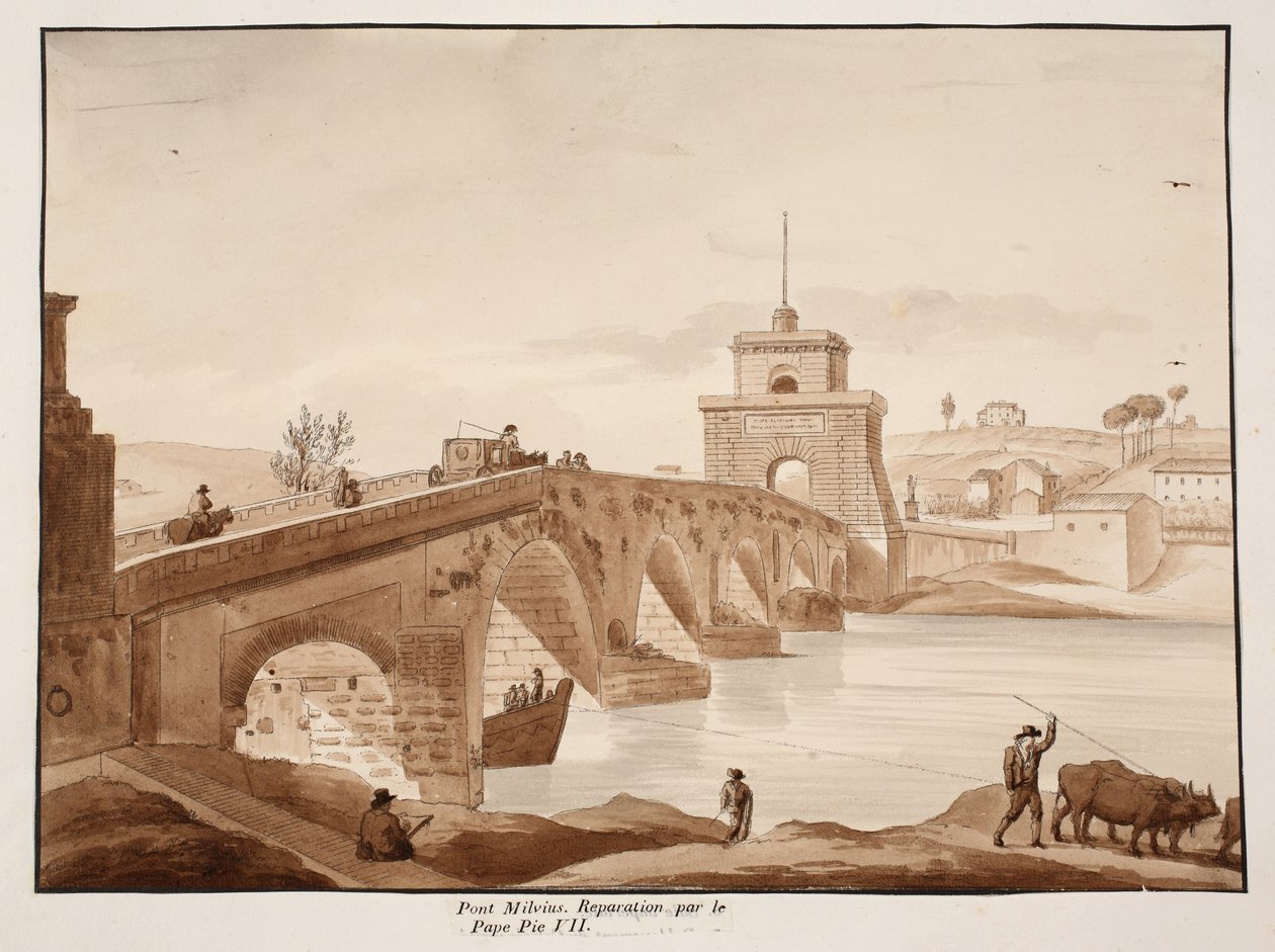 Paavi Pius VII:n Ponte Milvion restaurointi, 1833 (etsaus ruskealla pesulla) tekijältä Agostino Tofanelli