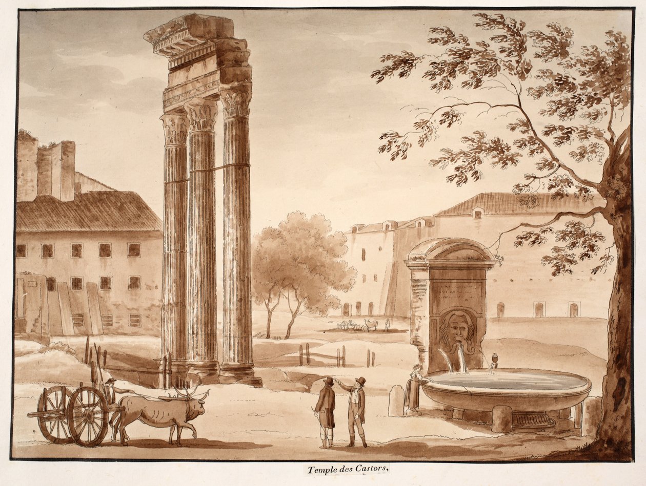 Castorin temppeli, 1833 (etsaus ruskealla pesulla) tekijältä Agostino Tofanelli