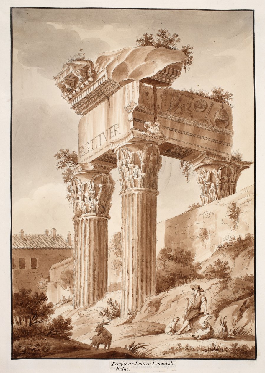 Jupiter Tonansin temppeli, rauniot, 1833 (etsaus ruskealla pesulla) tekijältä Agostino Tofanelli
