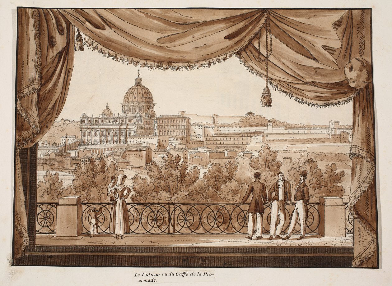 Vatikaani Caffe de la Promenadesta nähtynä, 1833 (etsaus ruskealla pesulla) tekijältä Agostino Tofanelli