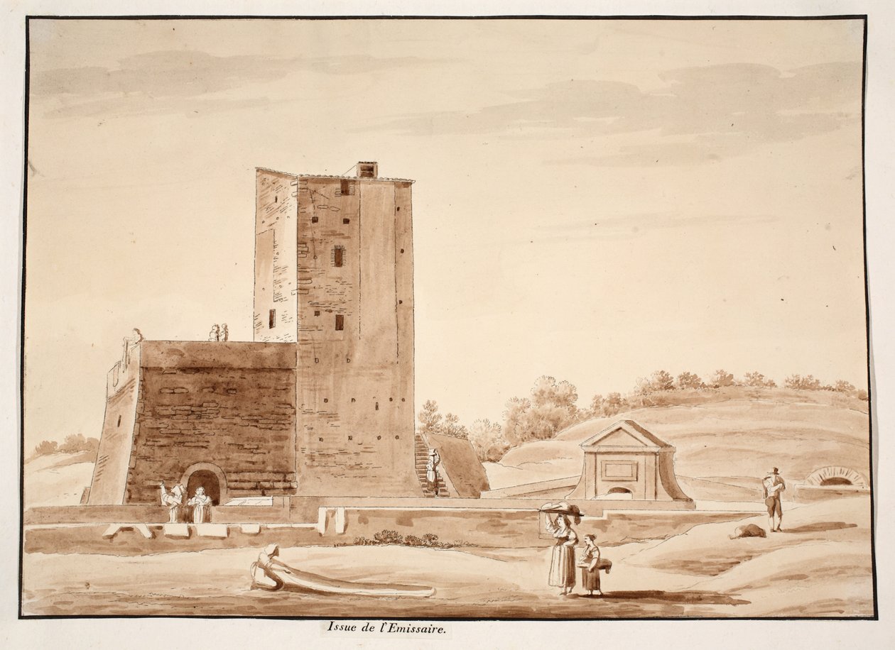 Albano-järven emmisariumin syntyminen, 1833 (etsaus ruskealla pesulla). tekijältä Agostino Tofanelli