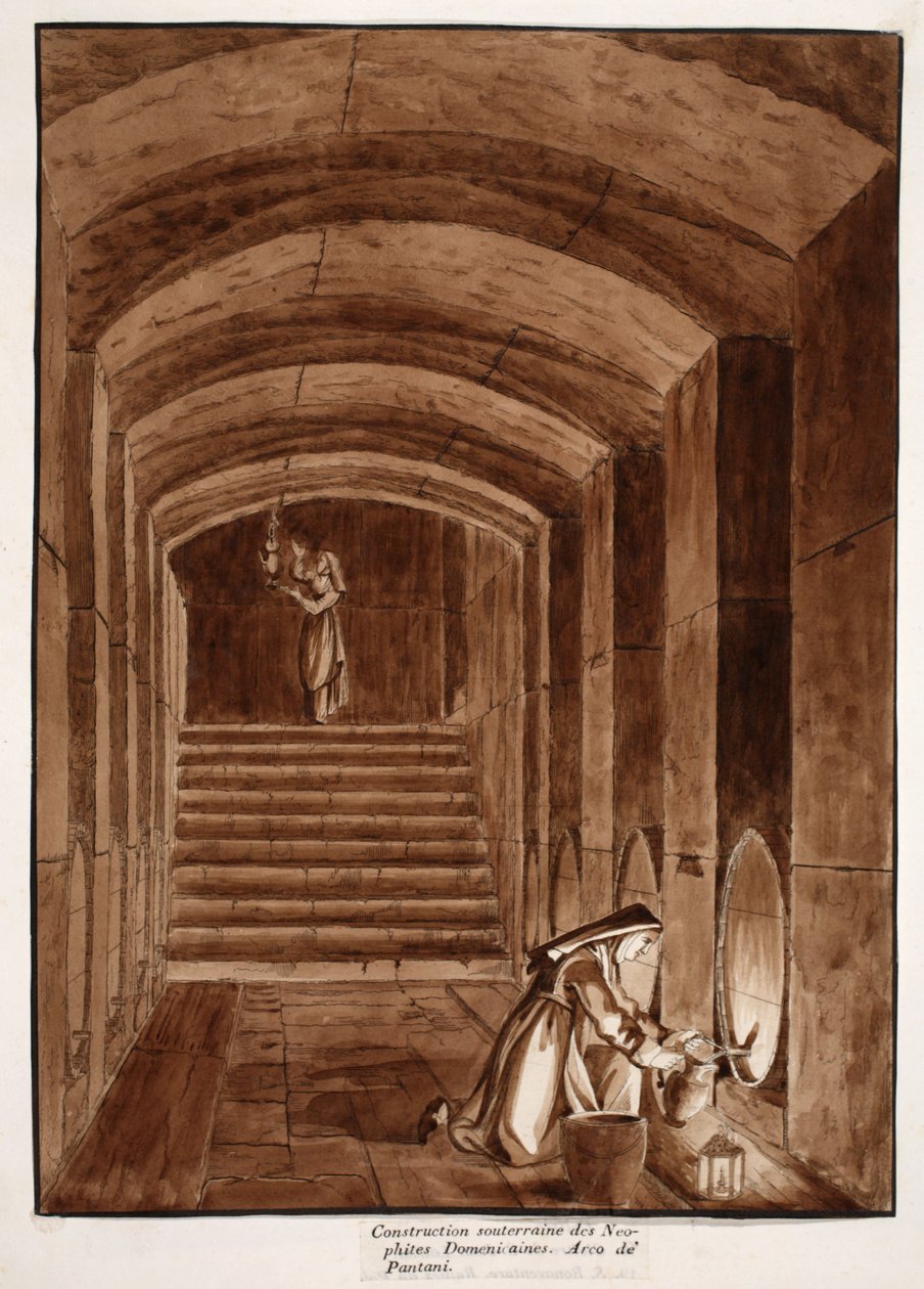 Neofyyttien dominikaanilunnien maanalainen rakennus. Arco dei Pantani, 1833 (etsaus ruskealla pesulla) tekijältä Agostino Tofanelli