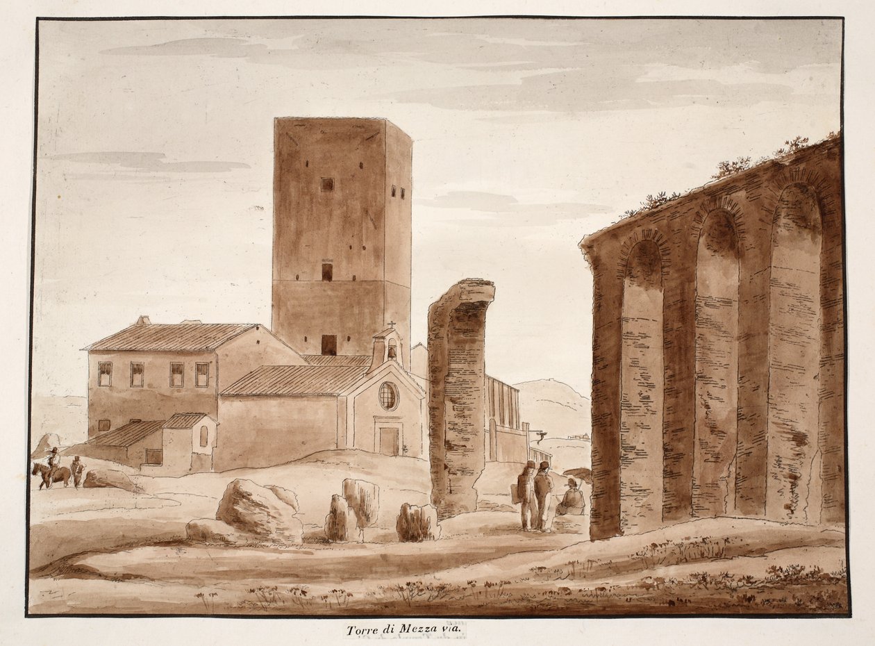 Torre di Mezza via, 1833 (etsaus ja ruskea pesu) tekijältä Agostino Tofanelli