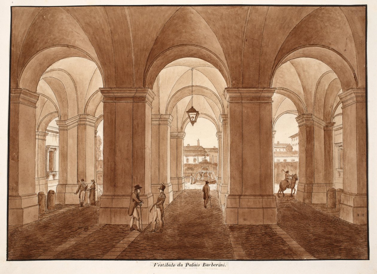 Palazzo Barberinin eteinen, 1833 (etsaus ruskealla pesulla) tekijältä Agostino Tofanelli