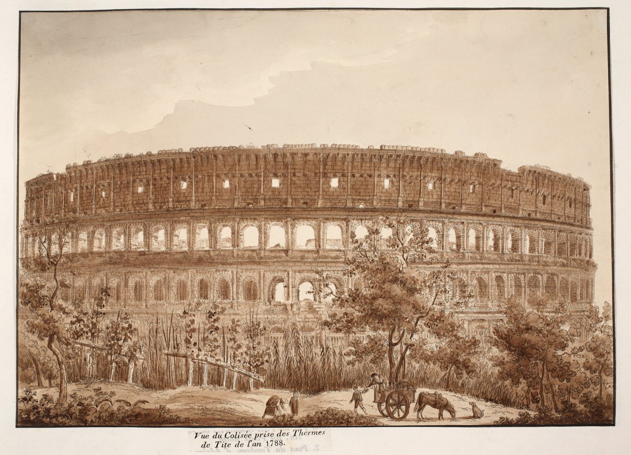 Näkymä Colosseumille Tituksen kylpylästä, 1788, 1833 (etsaus ruskealla pesulla) tekijältä Agostino Tofanelli
