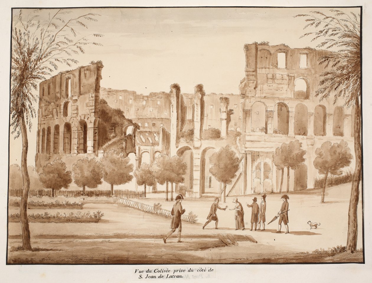 Näkymä Colosseumille St. John Lateranin puolelta, 1833 (etsaus ruskealla pesulla) tekijältä Agostino Tofanelli