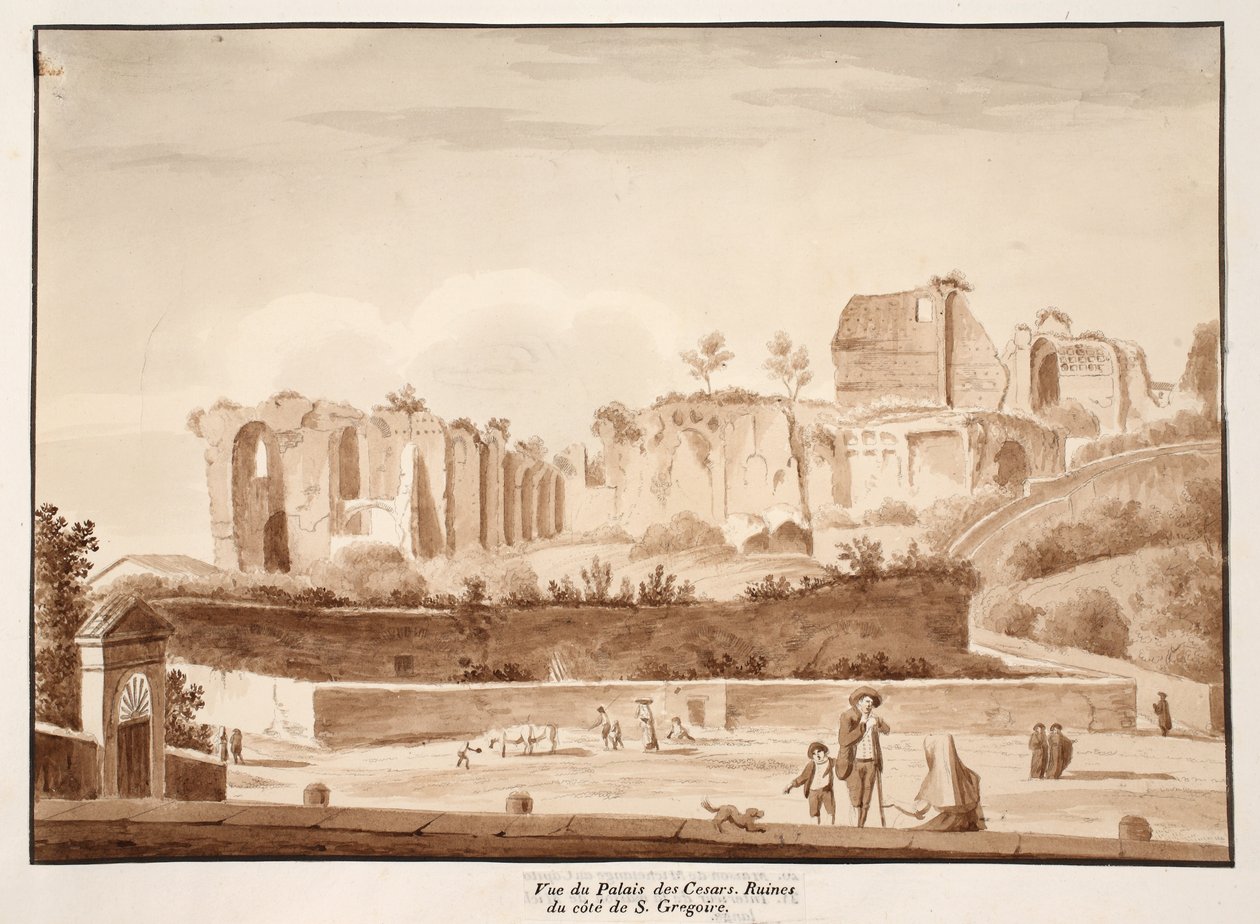 Näkymä Caesarien palatsille Via di San Gregoriolta nähtynä, 1833 (etsaus ruskealla pesulla) tekijältä Agostino Tofanelli