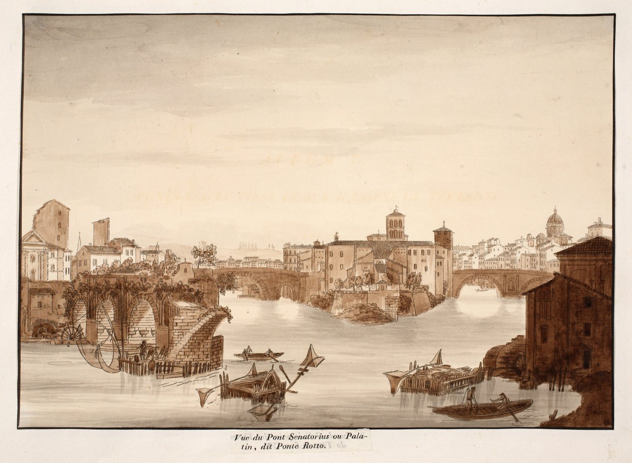 Näkymä Palatinus- tai Senatorius-sillalle, jota kutsutaan nimellä Ponte Rotto, 1833 (etsaus ja ruskea pesu). tekijältä Agostino Tofanelli
