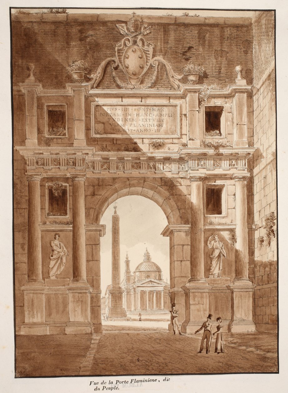 Näkymä Porta Flaminialle tai Porta del Popololle, 1833 (etsaus ruskealla pesulla) tekijältä Agostino Tofanelli