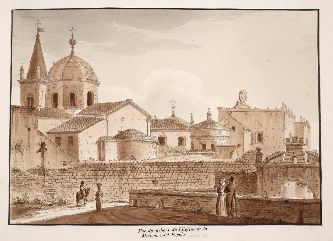 Näkymä Santa Maria del Popolon kirkon ulkopuolelta, 1833 (etsaus ruskealla pesulla) tekijältä Agostino Tofanelli