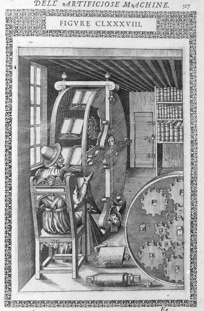 Automaattinen kirjasto. Perustuu Agostino Ramellin projektiin elokuvissa "Diverse and Artificose Machin" ja Milan 1600. tekijältä Agostino (after) Ramelli