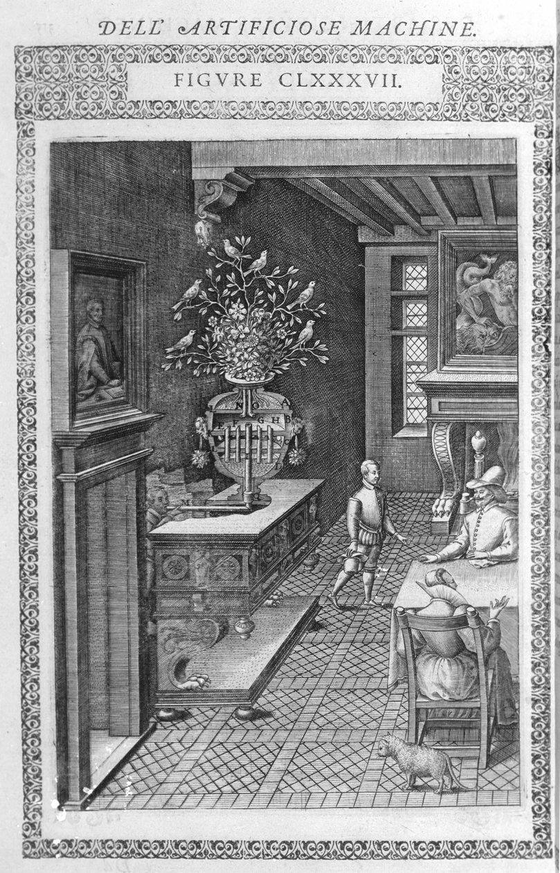 Suihkulähde väärennettyjen lintujen laululla. Tämä on Agostino Ramellin projekti "Diverse and Artificosis Machinen" mukaan. Milano 1600. tekijältä Agostino (after) Ramelli