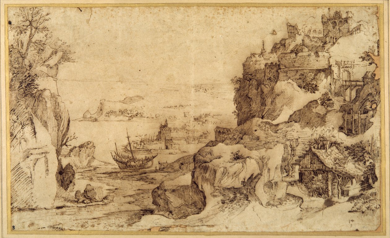 Näkymä linnoitettuun satamaan alaspäin (kynä ja ruskea muste paperilla) tekijältä Agostino (attr. to) Carracci