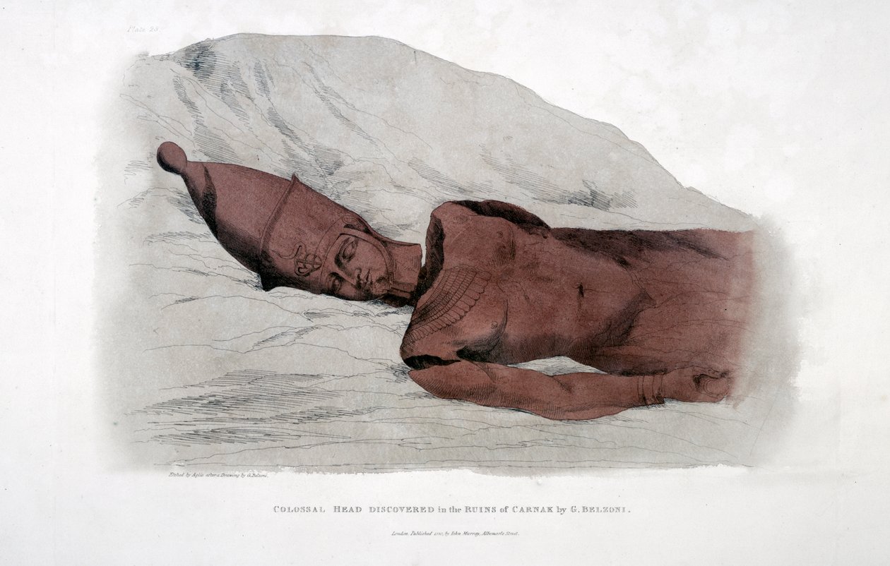G Belzoni, 1820, löysi jättimäisen pään Carnakin raunioista tekijältä Agostino Aglio