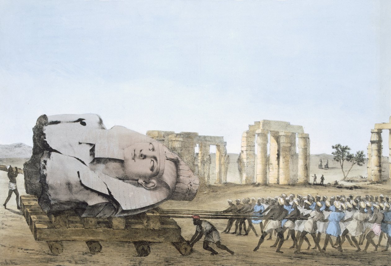 Tila, jossa nuoren memnonin pää poistettiin, levyiltä, jotka kuvaavat Egyptin ja Nubian tutkimusta, Giovannie Battista Belzoni, Pub. 1822 (värilitografia) tekijältä Agostino Aglio