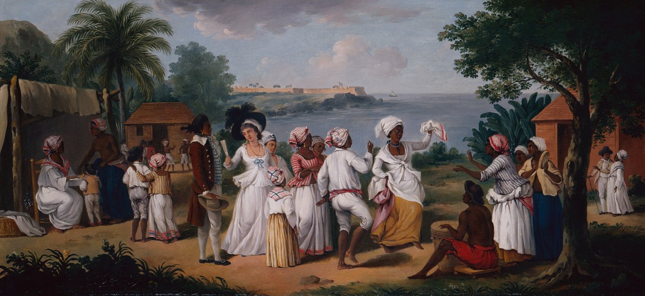 Neekeritanssi Dominican saarella, Fort Youngin takana (öljy kankaalle) tekijältä Agostino Brunias