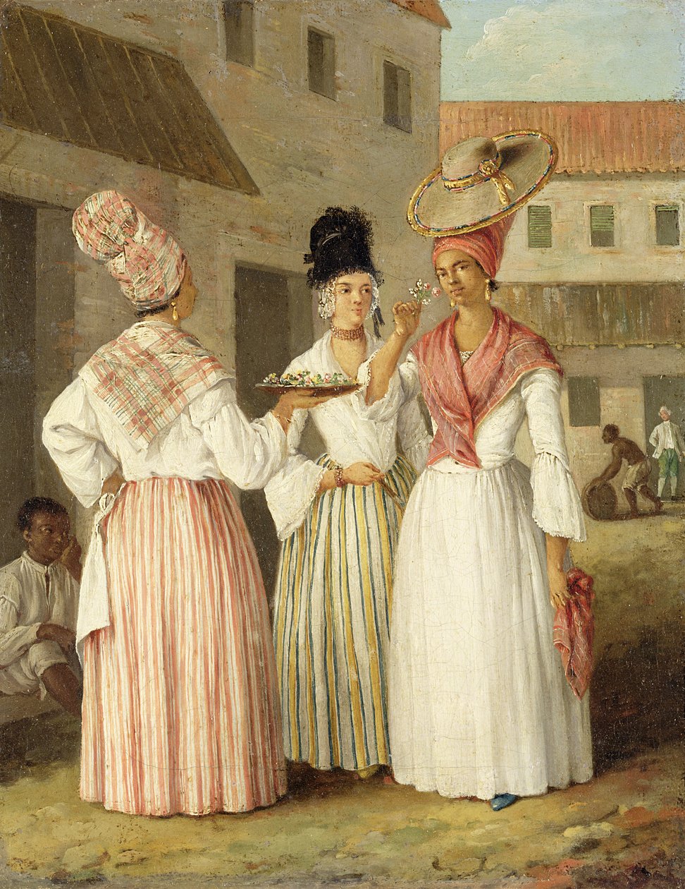 Länsi-Intian kukkatyttö ja kaksi muuta vapaata värillistä naista, n. 1769 (öljy kankaalle) tekijältä Agostino Brunias