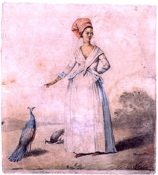 Nainen riikinkukon kanssa, n. 1770 (muste ja pesu paperille) tekijältä Agostino Brunias