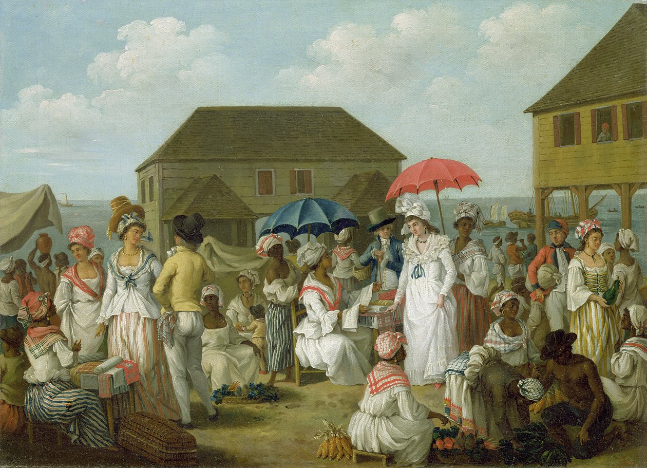 Pellavamarkkinat, Dominica, n. 1780 (öljy kankaalle) tekijältä Agostino Brunias