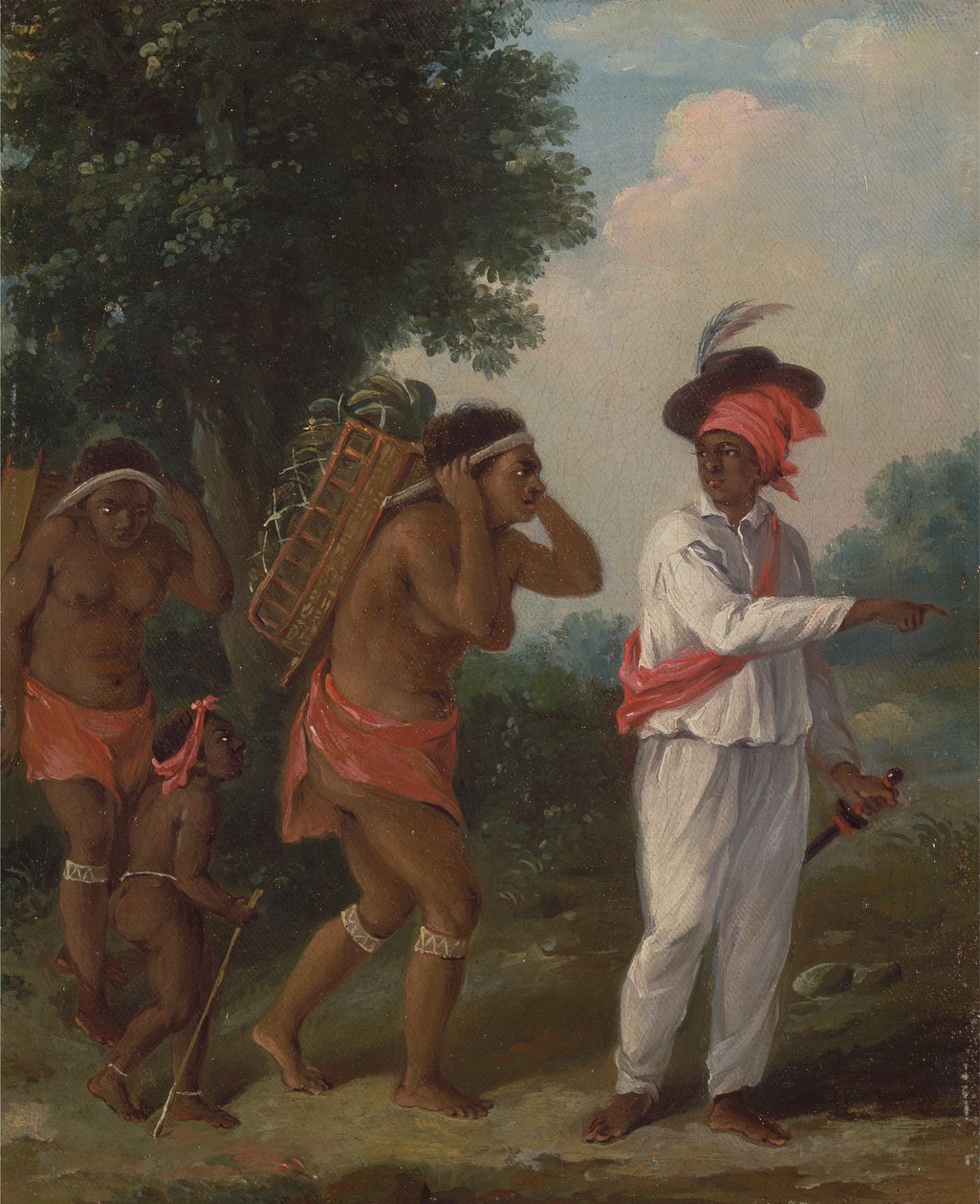 Länsi-Intian värillinen mies, ohjaa kaksi karibinaista lapsen kanssa, n. 1780. tekijältä Agostino Brunias