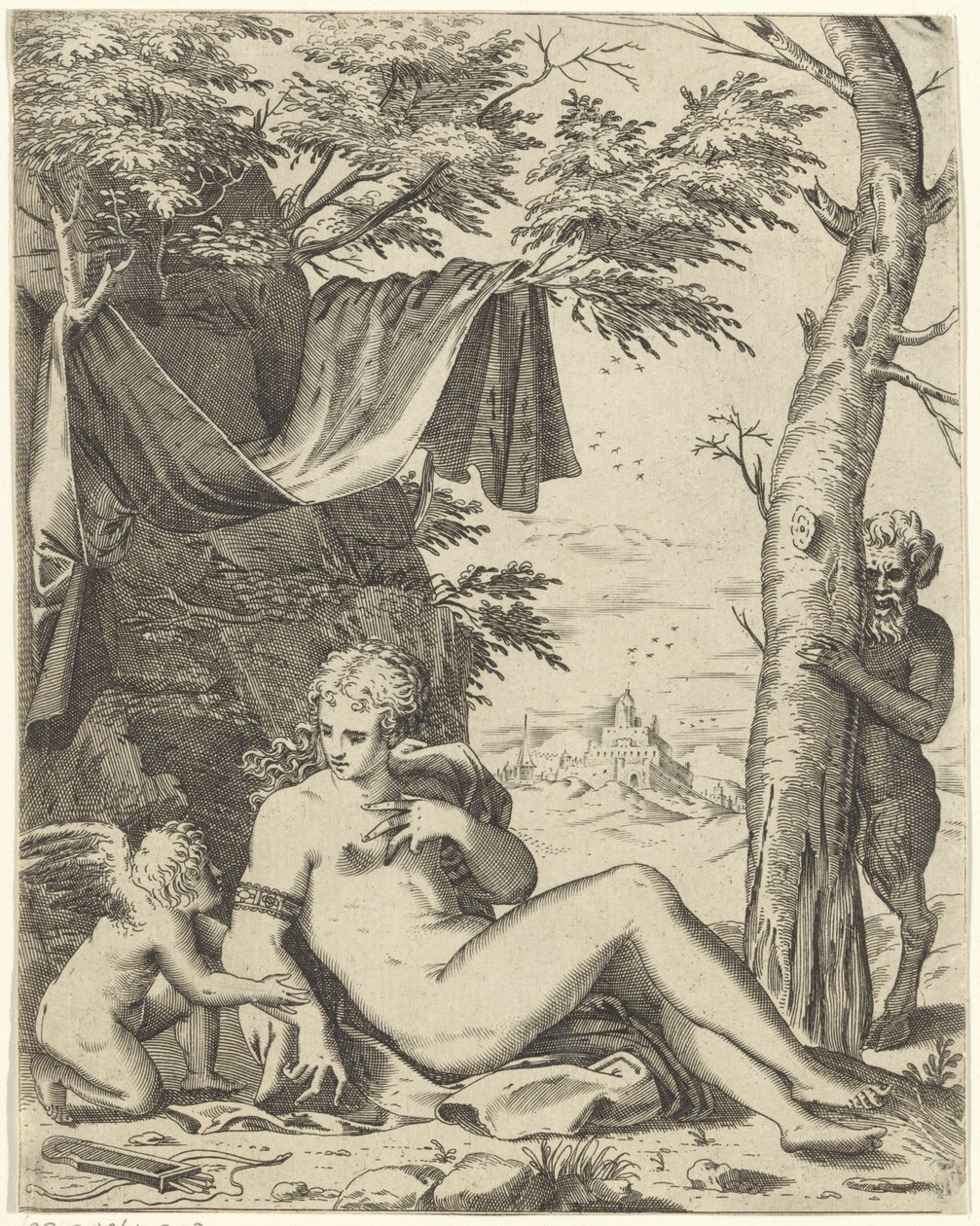 Venus, rakkaus saterissa tekijältä Agostino Carracci (attributed to)