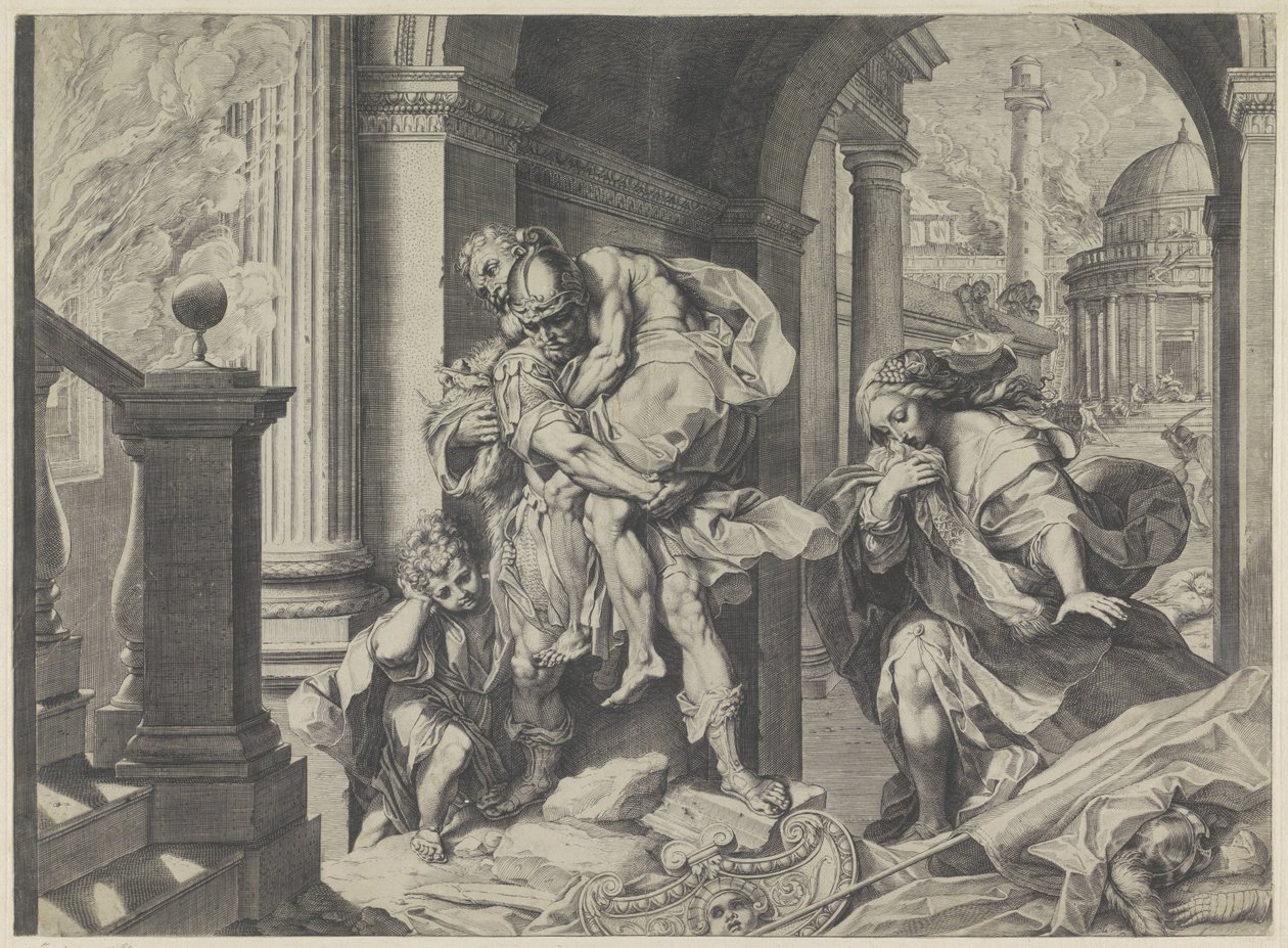 Aeneas pakenee perheineen Troijasta tekijältä Agostino Carracci