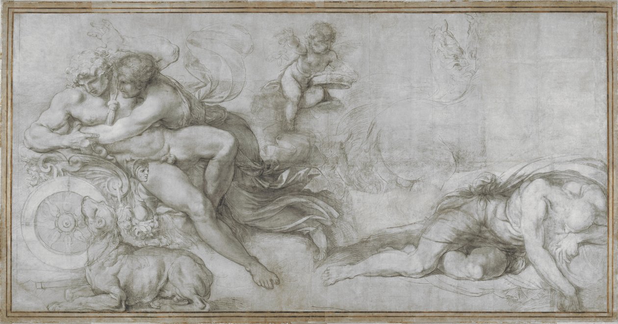 Aurora kantoi Cephaluksen Chariot Cartoon -sarjakuvassaan freskolle Palazzo Farnesen galleriassa, Roomassa, n. 1599 tekijältä Agostino Carracci