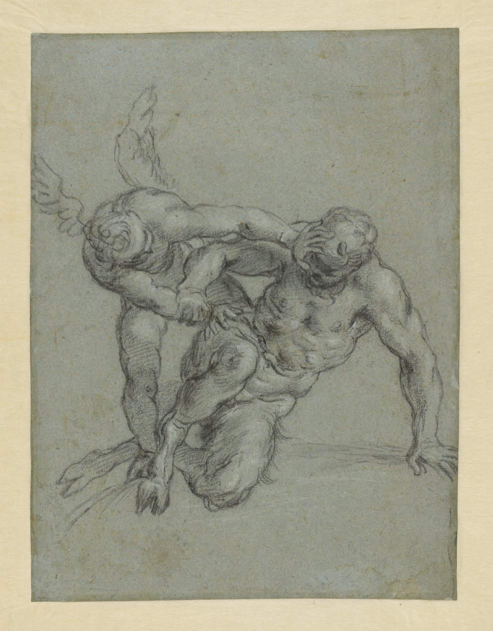 Amor valloittaa Panin (etusivu); munkin pää; karikatyyri miehestä profiilissa (kääntöpuoli). tekijältä Agostino Carracci