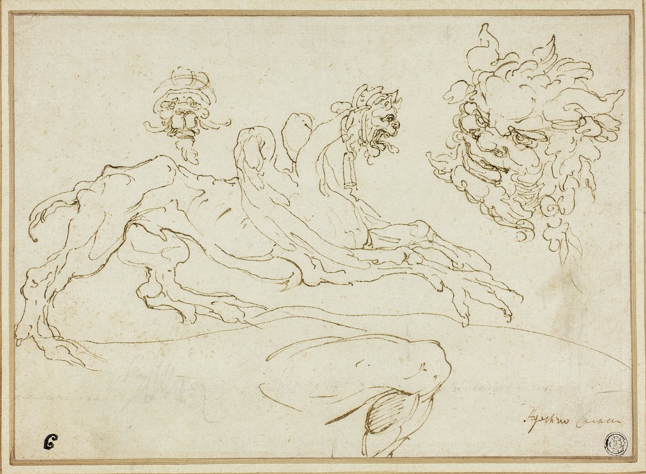 Neljä luonnosta: Griffin, Grotesque Head, Head of Satyr, Bent Leg tekijältä Agostino Carracci