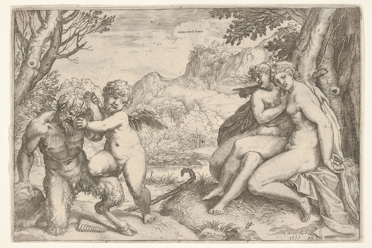 Rakkaus valloittaa kaiken Omnia vincit Amor taistelussa satyyrin kanssa Amor asettaa oikean kn..., 1599. tekijältä Agostino Carracci