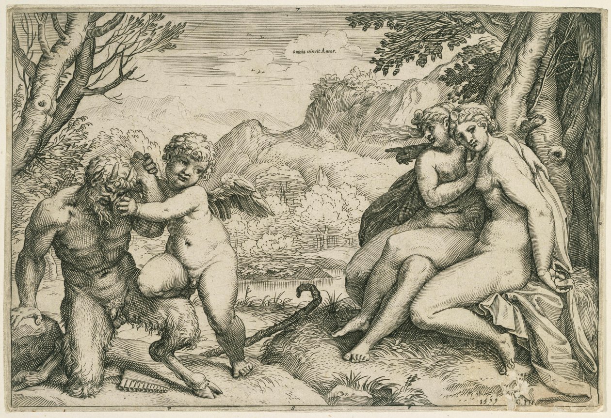 Omnia vincit Amor (Amor voittaa Panin; oikealla kaksi nymfiä puun alla maisemassa) tekijältä Agostino Carracci