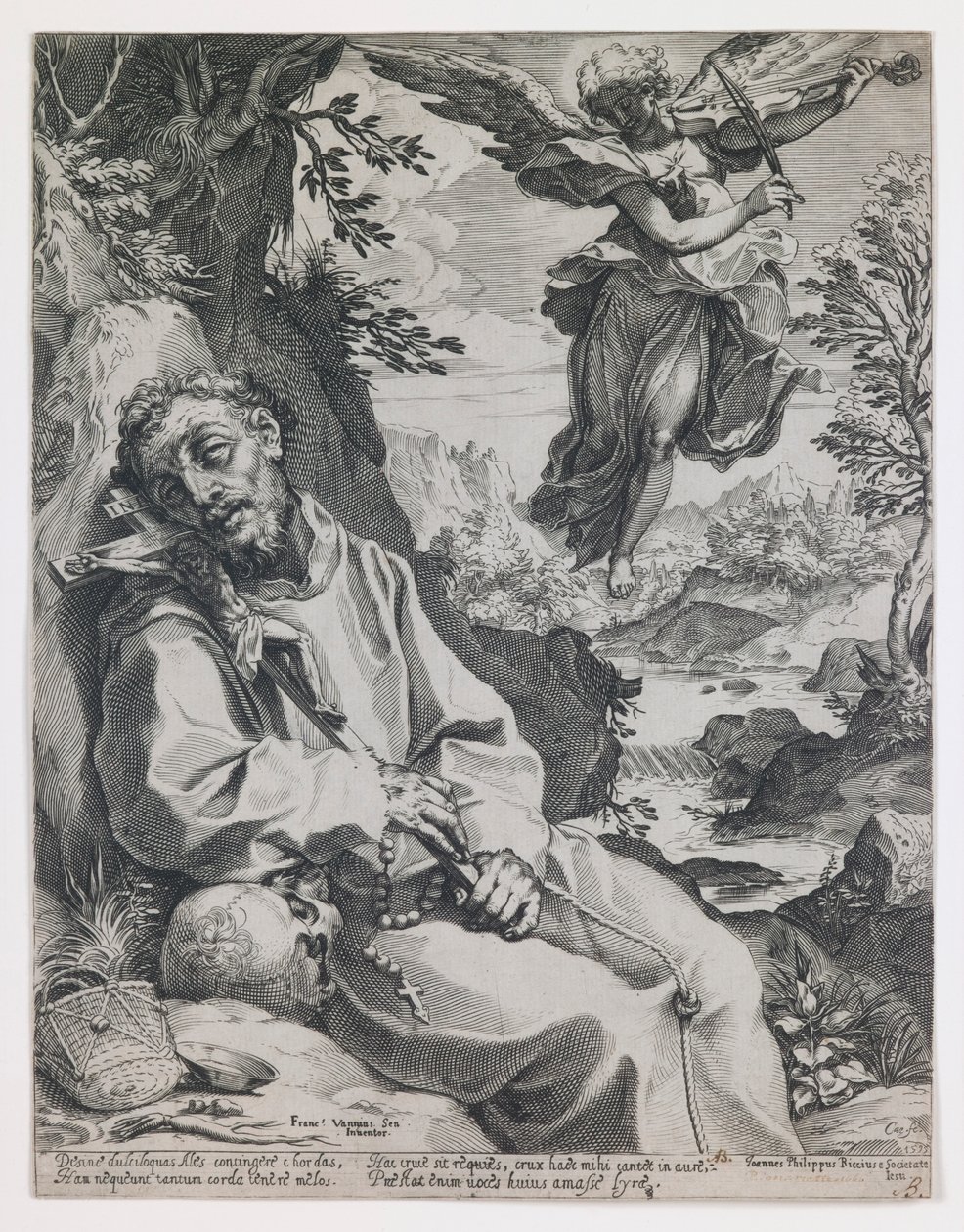Soittava enkeli lohduttaa pyhää Franciscusta tekijältä Agostino Carracci