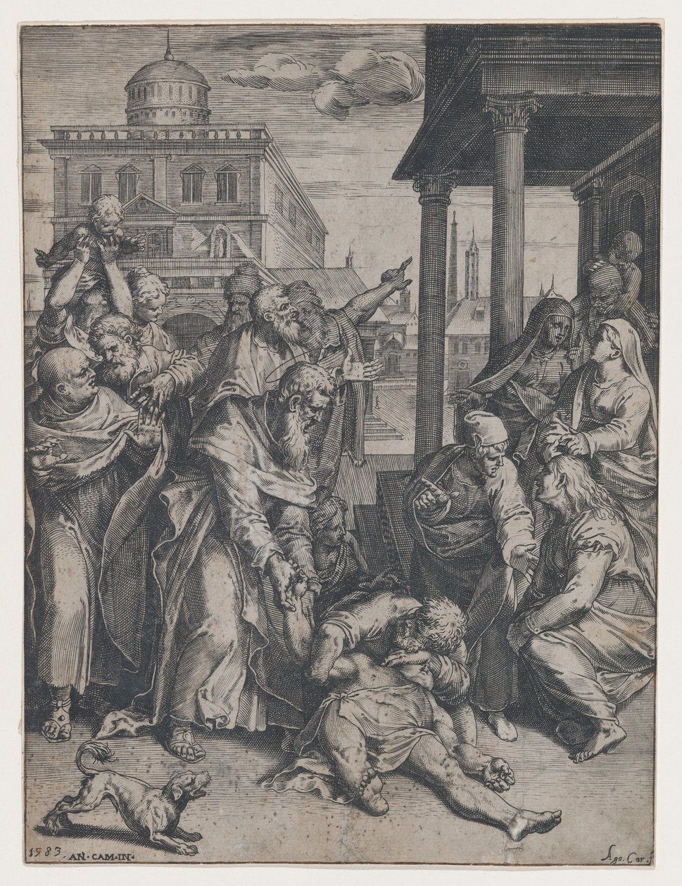 Pyhä Paavali kasvattaa Patroklosta, joka on maassa katsojien joukon ympäröimänä, ..., 1583. tekijältä Agostino Carracci