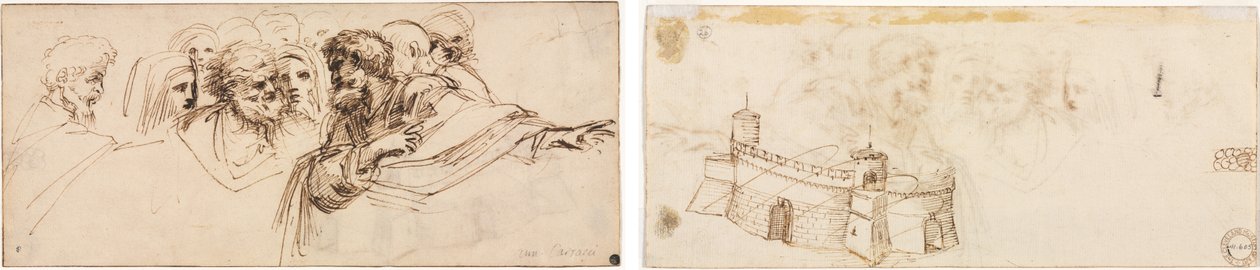 Pään tutkimus (recto); Crenelated Fortress (käänteinen) tekijältä Agostino Carracci