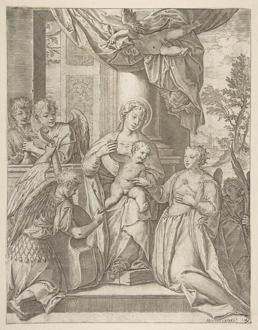 Pyhän Katariinan mystinen avioliitto, joka istuu keskellä Kristus-lapsen, enkeleiden kanssa..., 1585. tekijältä Agostino Carracci