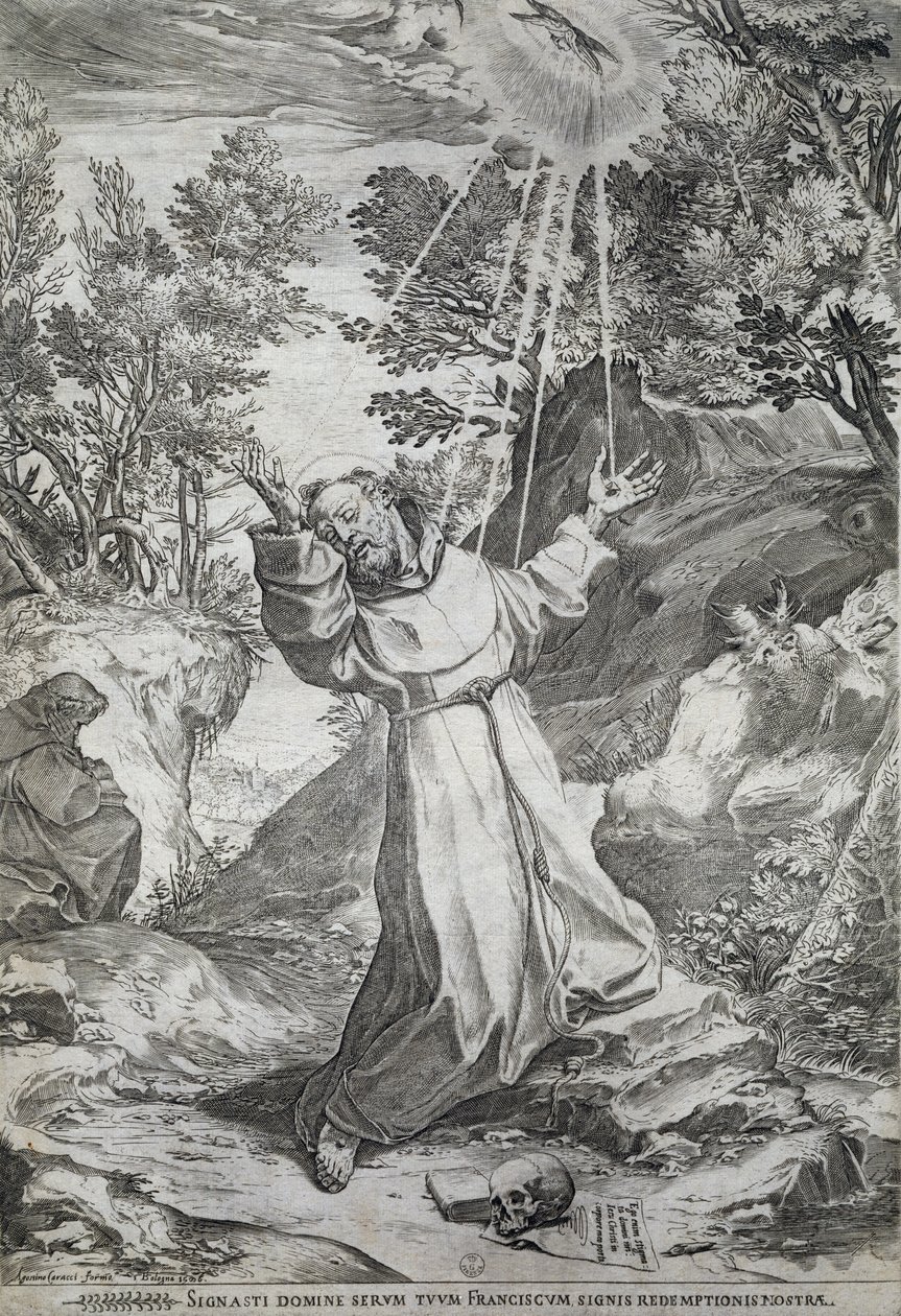 Pyhän Franciscuksen leimautuminen La Verna -vuorella (1224) tekijältä Agostino Carracci