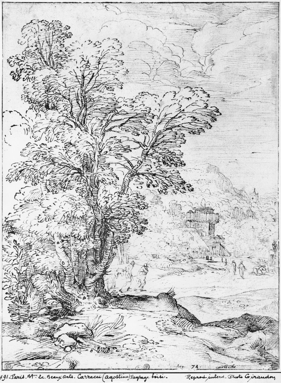 Metsämaisema (kynä ja muste paperille) (bw valokuva) tekijältä Agostino Carracci