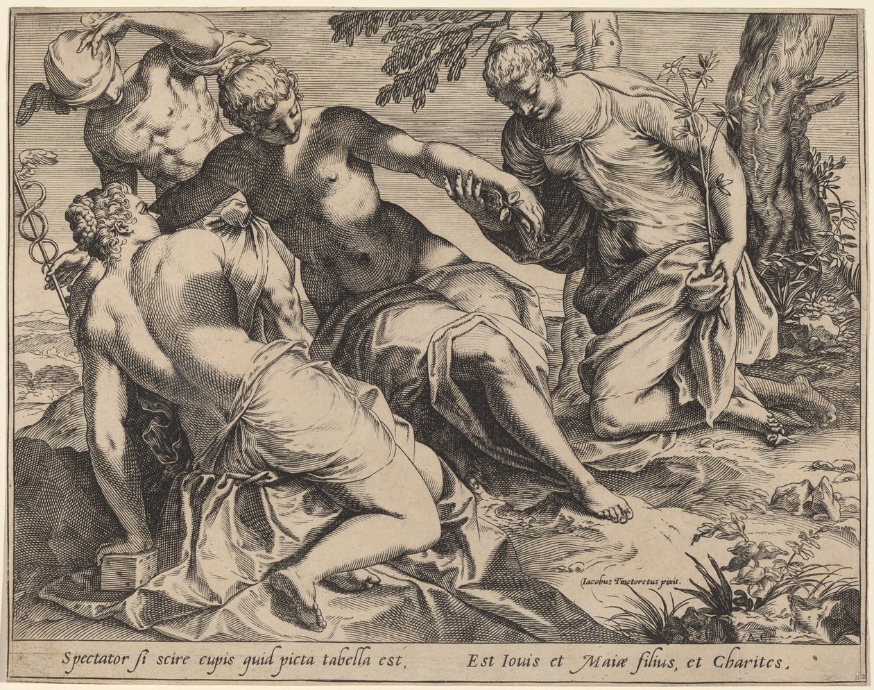 Merkurius ja kolme armoa tekijältä Agostino Carracci after Jacopo Tintoretto