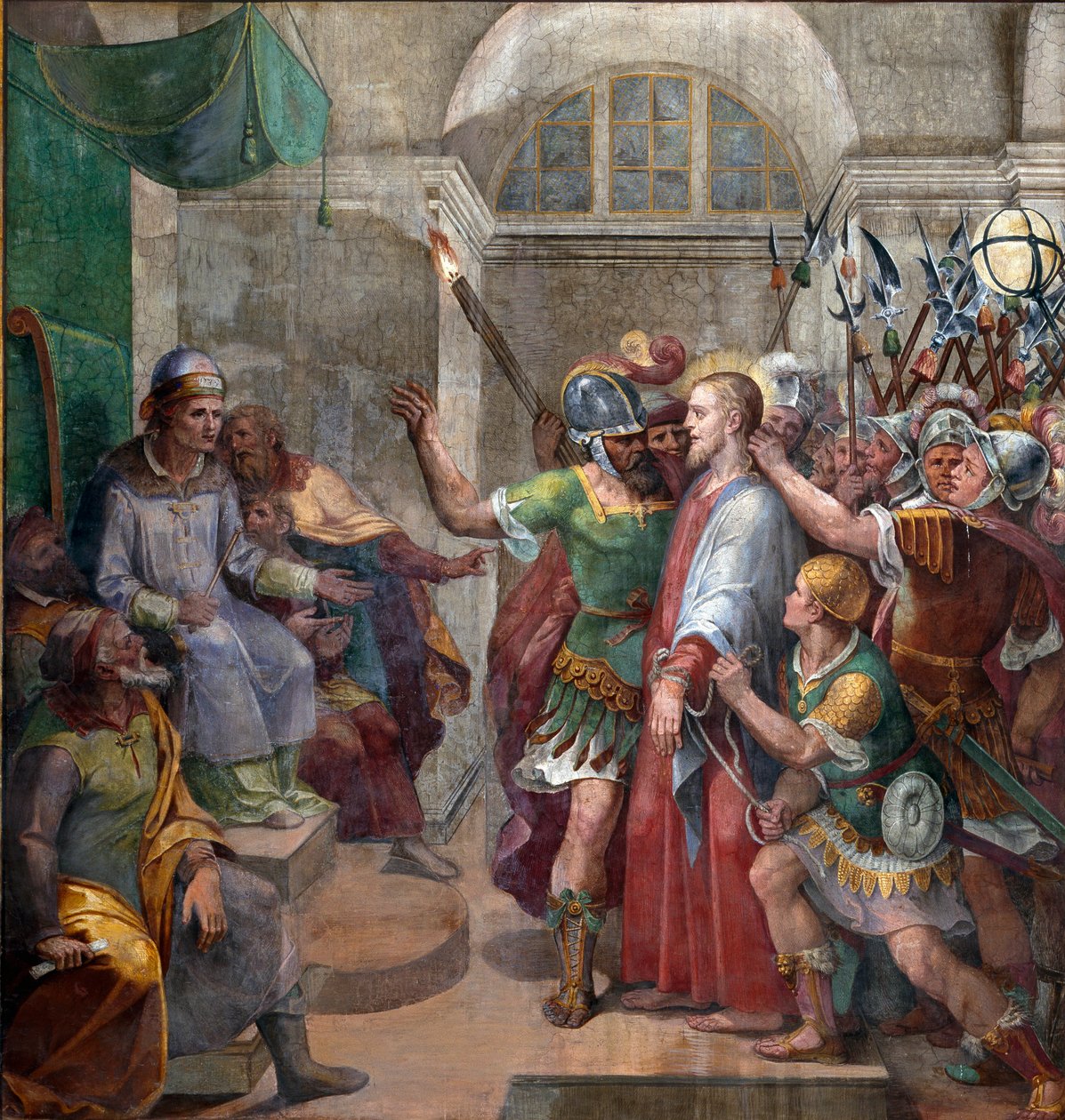 Passion: "Kristus Pontius Pilatuksen edessä (Pontius Pilatius)" "Fresko Agostino Ciampelli (1577-1642) 1594-1600 Rooma, Santa Prasseden basilika tekijältä Agostino Ciampelli