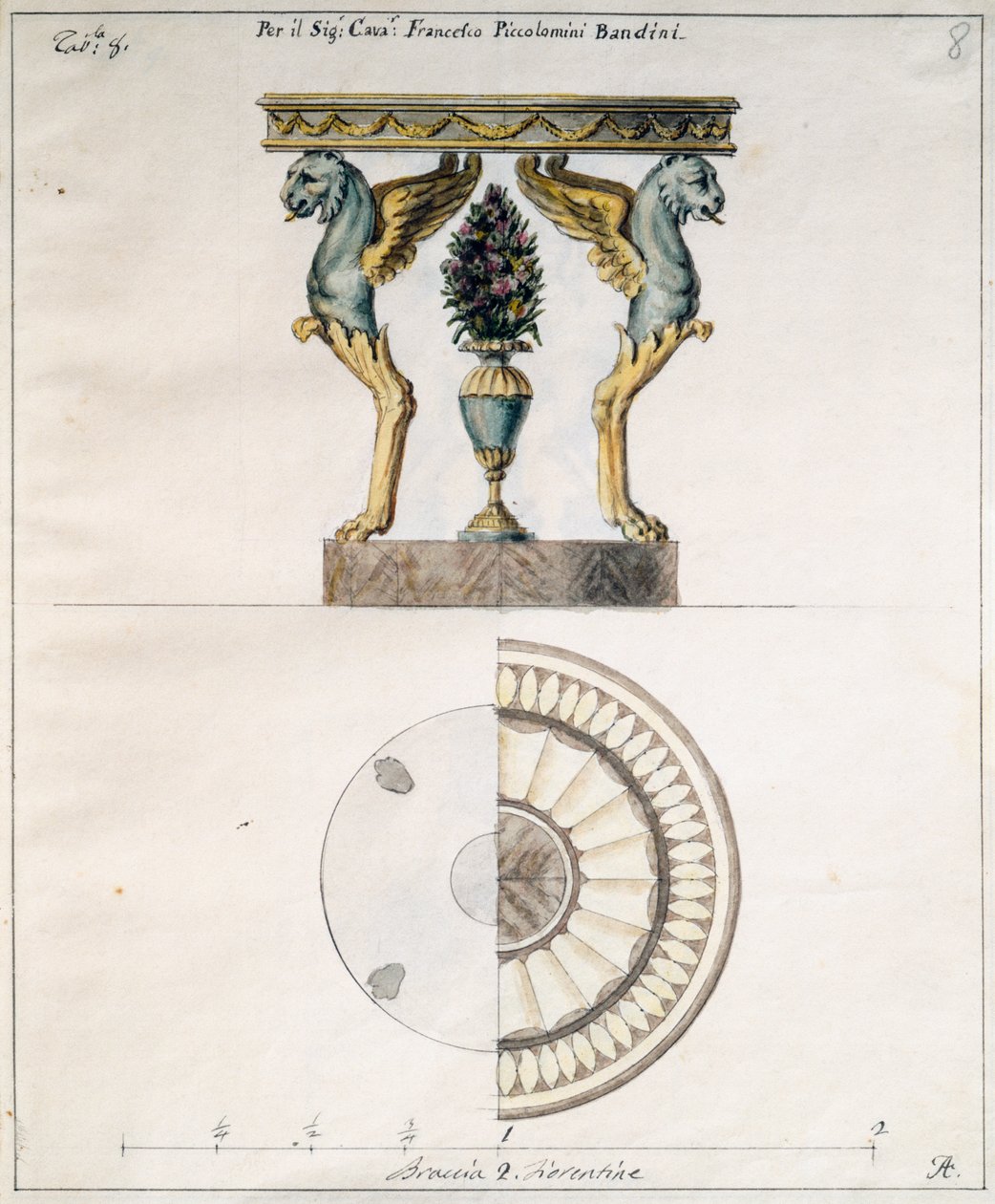 Agostino Fantasticin (1782-1845) suunnittelema sohvapöytä Francesco Piccolomini Bandinille, piirustus, Italia tekijältä Agostino Fantastici